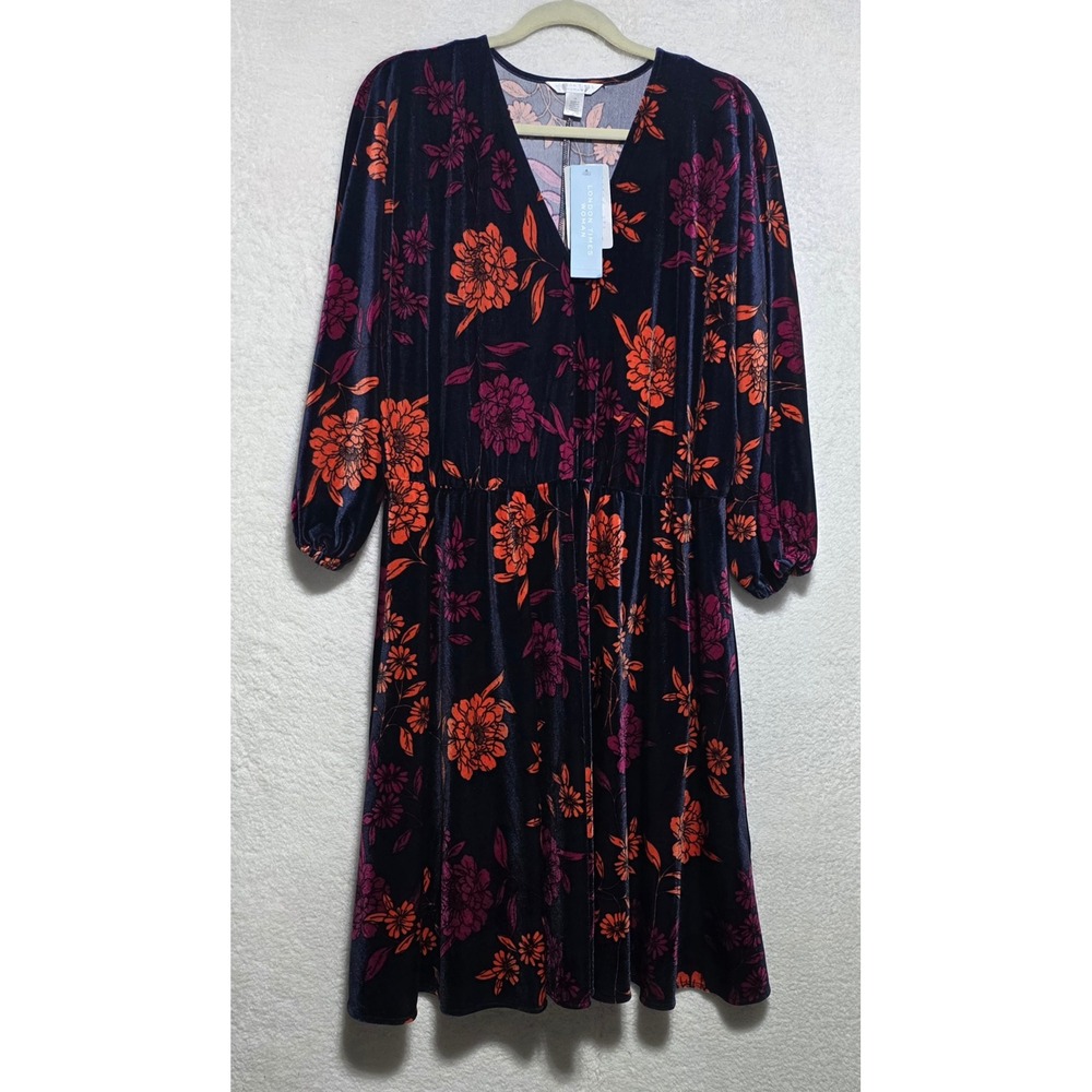 London Times Women's Floral Velvet V-Neck Midi Dress Navy Orange 1X NWT